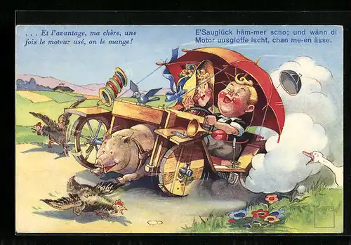 Künstler-AK Paul Minouvis: Kleines Paar im Auto, das von einem Schwein angetrieben wird