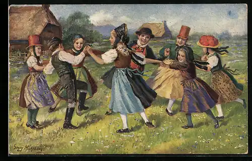Künstler-AK Georg Mühlberg: Ringelreihen im Schwarzwald, Kinder in Tracht tanzen auf Wiese