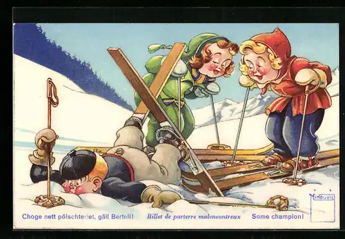Künstler-AK Paul Minouvis: Choge nett pölschterlet, gäll Berteli! Junge fällt beim Ski fahren auf die Nase