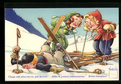 Künstler-AK Paul Minouvis: Choge nett pölschterlet, gäll Berteli! Junge fällt beim Ski fahren auf die Nase