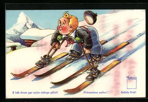 Künstler-AK sign. Minouvis: S hät drum gar scho mänge glitzt!, Kind mit 4 Skiern bei der Abfahrt
