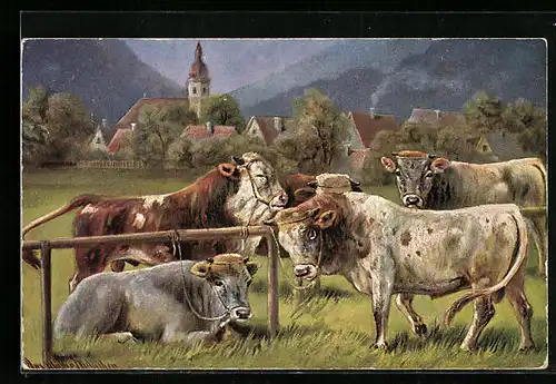 Künstler-AK August Müller - München: Rinder auf Weide