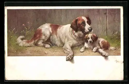Künstler-AK Carl Reichert: Hündin mit ihrem Welpen