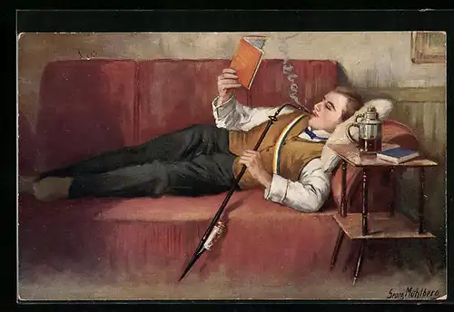 Künstler-AK Georg Mühlberg: Studio auf der Bude, Lesender Student