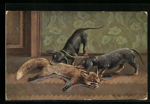 Künstler-AK August Müller - München: Dackel spielen mit dem ausgestopften Fuchs