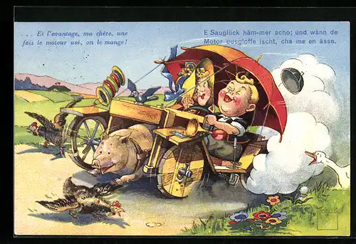 Künstler-AK Paul Minouvis: Kleines Paar im Auto, das von einem Schwein angetrieben wird
