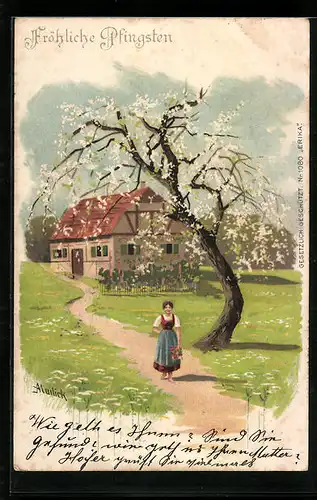 Künstler-AK Alfred Mailick: Frau in Landschaft mit Haus bei Baumblüte, Pfingstgruss