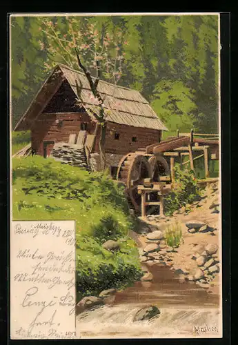 Künstler-AK Alfred Mailick: Landschaft an einer Wassermühle