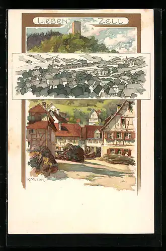 Künstler-AK Karl Mutter: Liebenzell, Teilansicht, Ortspartie, Turm