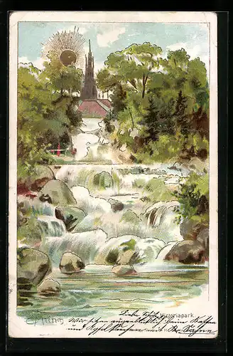 Künstler-AK Carl Münch: Berlin, Wasserfall im Victoriapark bei Sonnenschein
