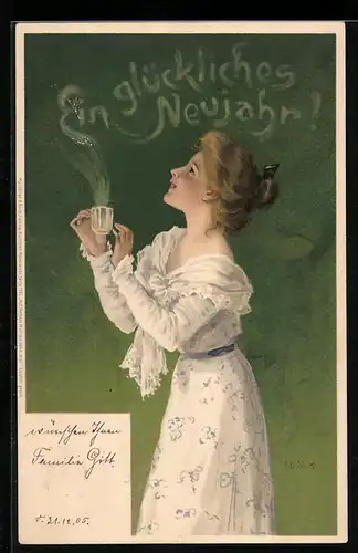 Künstler-AK M. S. M.: Fräulein im Kleid mit einer Tasse, Neujahrsgruss
