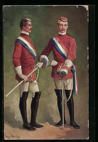 Künstler-AK Georg Mühlberg: Zwei Studenten in Uniform mit Degen