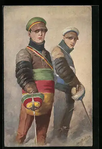 Künstler-AK Georg Mühlberg: Die Sekundanten mit Degen