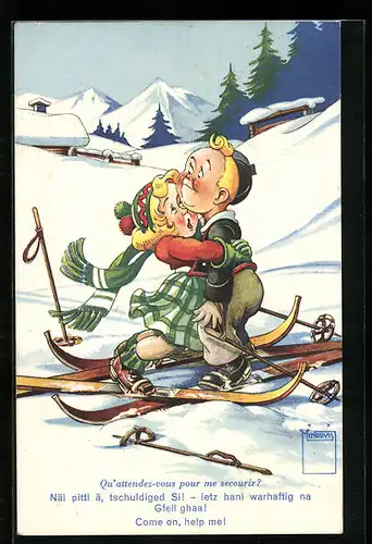 Künstler-AK Paul Minouvis: Mann und Frau auf Skiern