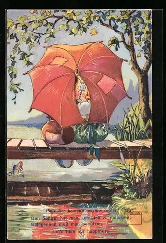 Künstler-AK Paul Minouvis: Rückenansicht von Pärchen mit einem Schirm