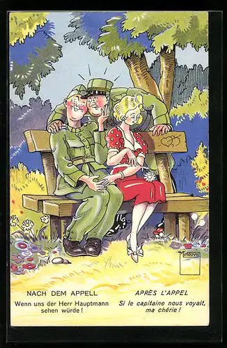 Künstler-AK Paul Minouvis: Soldat mit Frau nach dem Appell