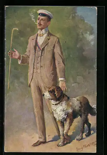 Künstler-AK Georg Mühlberg: Student geht mit seinem Hund Gassi