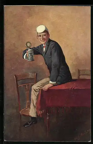 Künstler-AK Georg Mühlberg: Student mit Bierkrug sitzt auf dem Tisch