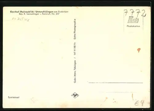 AK Unteruhldingen am Bodensee, Innenansicht Gasthof Mainaublick