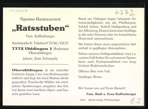 AK Uhldingen, Innenansicht Restaurant Ratsstuben, Aachstrasse 8