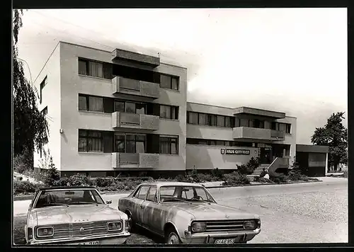 AK Moos / Bodensee, Gasthaus Grüner Baum, Haus Gottfried mit Hallenschwimmbad, Ford & Opel