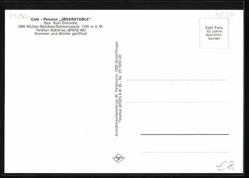 AK Multen-Belchen /Schwarzw., Gesamtansicht mit Umgebung, Cafe-Pension Jägerstüble