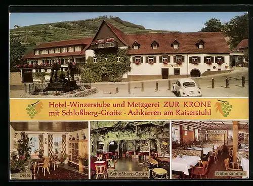 AK Achkarren /Kaiserstuhl, Hotel zur Krone mit Schlossberg-Grotte, VW-Käfer