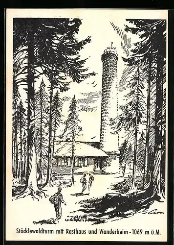 Künstler-AK Triberg, Stöcklewaldturm mit Rasthaus und Wanderheim