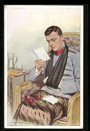 Künstler-AK Günther Nagel: Unsere Kriegsleutnants daheim, ein lieber Gruss, verwundeter Soldat liest einen Brief