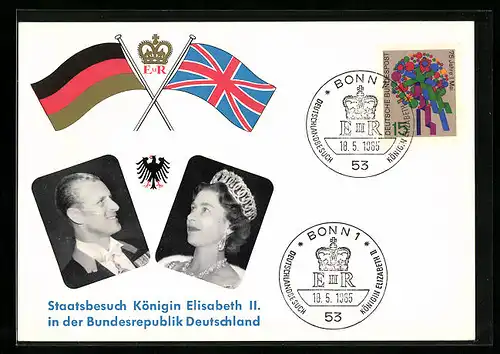 AK Deutschland-Besuch Königin Elizabeth II. und Prinz Philip 1965, Sonderpostkarte mit Portraits und Flaggen
