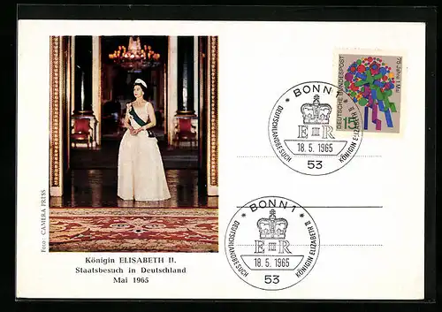 AK Deutschland-Besuch Königin Elizabeth II. und Prinz Philip 1965, Sonderpostkarte mit Portrait der Königin