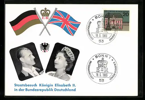 AK Staatsbesuch Königin Elizabeth II. und Prinz Philip 1965 in Deutschland, Sonderpostkarte, Portraits