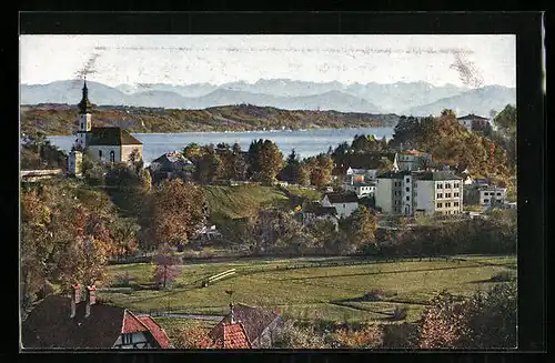AK Starnberg, Partie aus Starnberg geegn das Karwendel-Gebirge, Starnberger See
