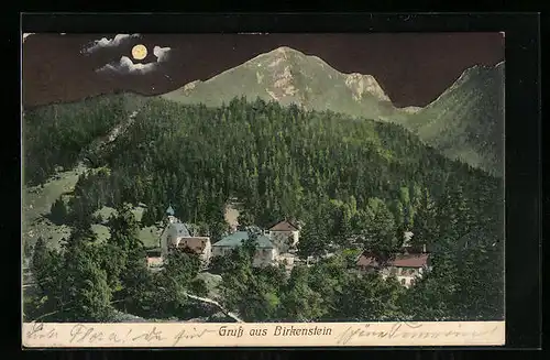Mondschein-AK Birkenstein, Ortsansicht mit Bergpanorama