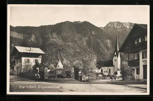 AK Bayrischzell, Ortspartie mit Bäckerei, Kirche und Kriegerdenkmal