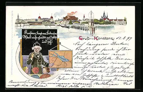 Künstler-AK Konstanz, Ortsansicht, Lehrer mit Karte vom Bodensee