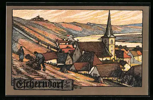 Steindruck-AK Escherndorf a. M., Teilansicht mit Kirche und Bauern
