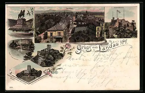 Lithographie Landau / Pfalz, Madenburg, Bad Gleisweiler, Burg Trifels