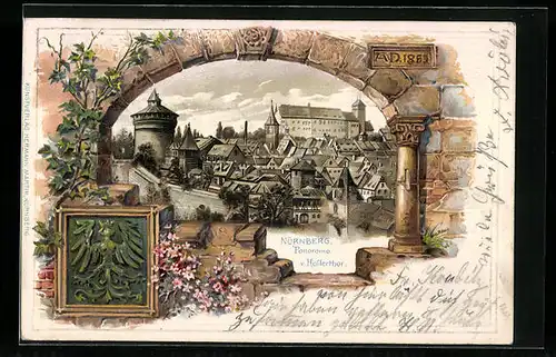 Passepartout-Lithographie Nürnberg, Panorama vom Hallertor, Wappen