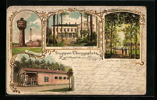 Lithographie Zeithain, Truppen-Übungsplatz, Garten d. Offizier-Casino, Wasserwerk