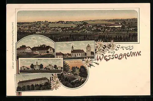 Lithographie Wessobrunn, Ortsansicht, Post, Pfarrkirche, Kloster