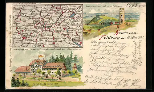 Lithographie Feldberg /Schwarzwald, Landkarte, Aussichtsturm und Hotel Feldberger Hof