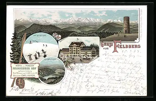 Lithographie Feldberg, Hotel & Pension Feldberger Hof, Skifahrer, Feldbergsee und Aussichtsturm