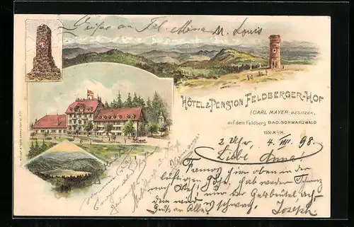 Lithographie Feldberg / Schwarzwald, Hotel-Pension Feldbergerhof, Aussichtsturm und Denkmal