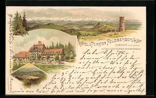 Lithographie Feldberg / Schwarzwald, Hotel-Pension Feldberger Hof, Landschaftsbild mit Aussichtsturm und Gebirge