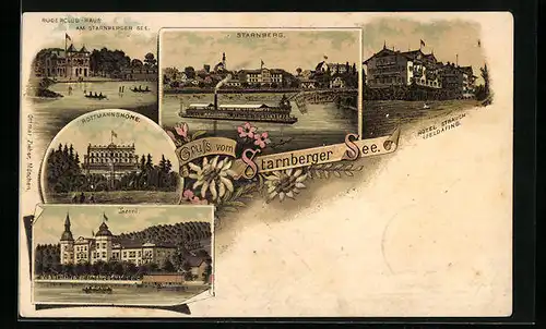 Lithographie Starnberg, Ortsansicht, Ruderclub-Haus, Rottmannshöhe