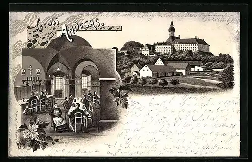 Lithographie Andechs, Ortspartie mit Kloster