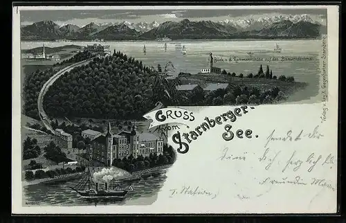 Lithographie Starnberg, Ortspanorama mit Bismarckdenkmal