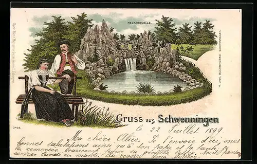 Lithographie Schwenningen, Paar in Tracht an der Neckarquelle