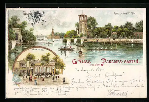 Lithographie Berlin-Treptow, Gasthaus Paradies-Garten vom Wasser gesehen, Tanzsaal-Gebäude mit Garten